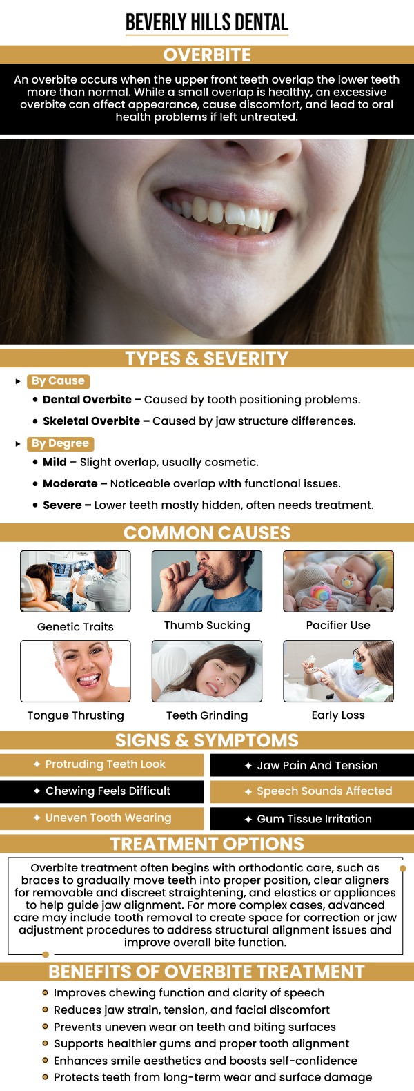 Common questions asked by patients: What is an overbite and how does it affect my teeth? What causes an overbite? Can an overbite cause jaw pain or discomfort? How can an overbite be corrected? For more information, contact us today or book an appointment. We are conveniently located at 414 North Camden Drive #925, Beverly Hills, CA 90210.