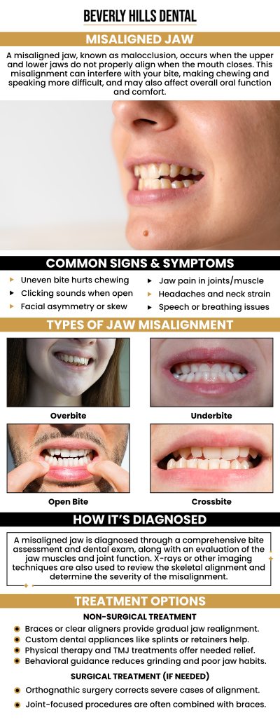At Beverly Hills Dental, Dr. Nader Afshari, DDS, is a leading misaligned jaw treatment specialist in Beverly Hills, CA, offering advanced solutions to address jaw misalignment and improve overall oral health. Misaligned jaws can lead to discomfort, difficulty chewing, and even affect your speech. Our team uses the latest techniques to diagnose and treat jaw misalignment, offering both non-surgical and surgical options tailored to your needs. For more information, contact us today or book an appointment. We are conveniently located at 414 North Camden Drive #925, Beverly Hills, CA 90210.
