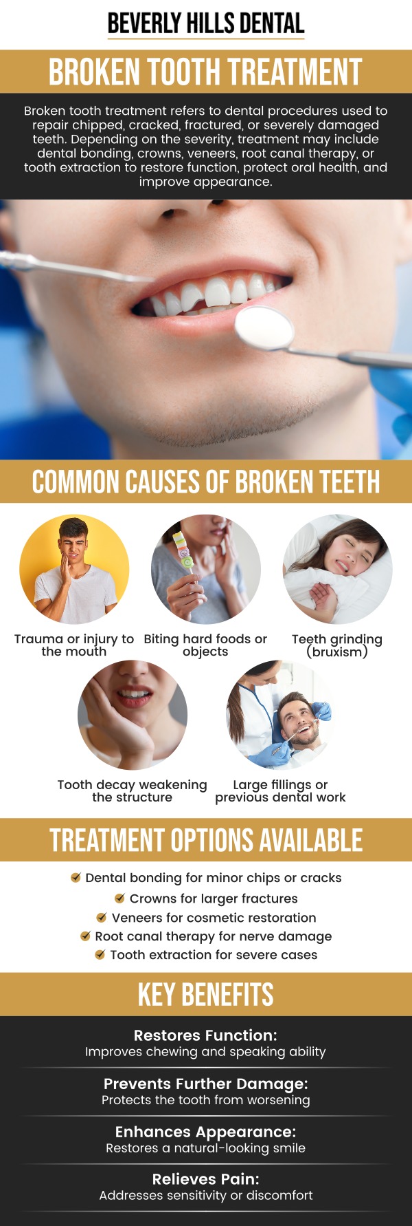 At Beverly Hills Dental, Dr. Nader Afshari, DDS, provides advanced treatment for broken teeth, including cracks, chips, and fractures. We offer precise solutions to restore your smile, whether through bonding, crowns, or other restorative options. Our team is dedicated to ensuring your comfort and a speedy recovery. For more information, contact us today or book an appointment. We are conveniently located at 414 North Camden Drive #925, Beverly Hills, CA 90210. At Beverly Hills Dental, Dr. Nader Afshari, DDS, provides advanced treatment for broken teeth, including cracks, chips, and fractures. We offer precise solutions to restore your smile, whether through bonding, crowns, or other restorative options. Our team is dedicated to ensuring your comfort and a speedy recovery. For more information, contact us today or book an appointment. We are conveniently located at 414 North Camden Drive #925, Beverly Hills, CA 90210.