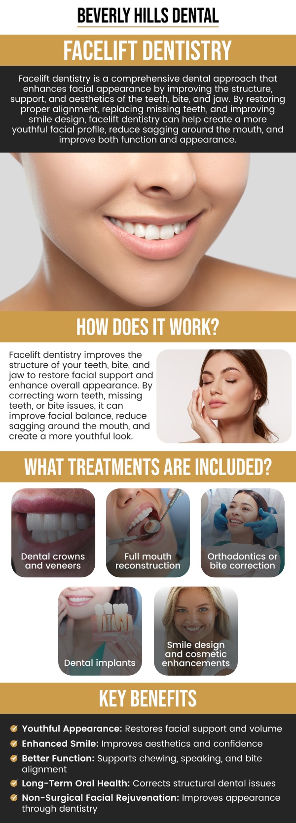 At Beverly Hills Dental, Dr. Nader Afshari, DDS, specializes in facelift dentistry in Beverly Hills, CA, offering innovative solutions to enhance both your smile and facial appearance. Facelift dentistry goes beyond traditional cosmetic dentistry, targeting facial rejuvenation by repositioning and restoring the teeth and jaw. For more information, contact us today or book an appointment. We are conveniently located at 414 North Camden Drive #925, Beverly Hills, CA 90210. At Beverly Hills Dental, Dr. Nader Afshari, DDS, specializes in facelift dentistry in Beverly Hills, CA, offering innovative solutions to enhance both your smile and facial appearance. Facelift dentistry goes beyond traditional cosmetic dentistry, targeting facial rejuvenation by repositioning and restoring the teeth and jaw. For more information, contact us today or book an appointment. We are conveniently located at 414 North Camden Drive #925, Beverly Hills, CA 90210.