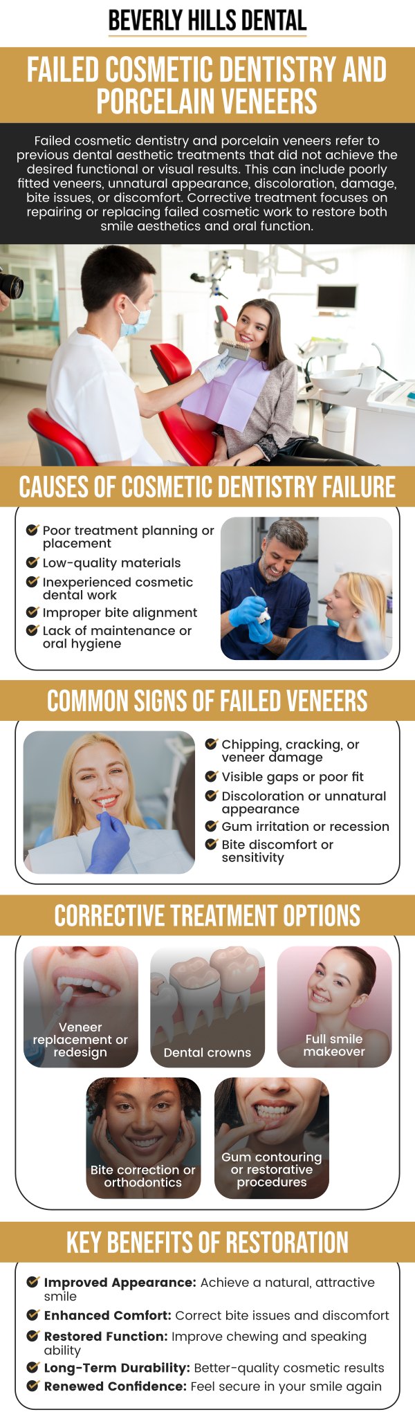Common questions asked by patients: What causes cosmetic dentistry treatments to fail? How can I tell if my porcelain veneers are failing? Can failed veneers be repaired or do they need replacement? What are the signs of poorly done cosmetic dentistry? For more information, contact us today or book an appointment. We are conveniently located at 414 North Camden Drive #925, Beverly Hills, CA 90210.