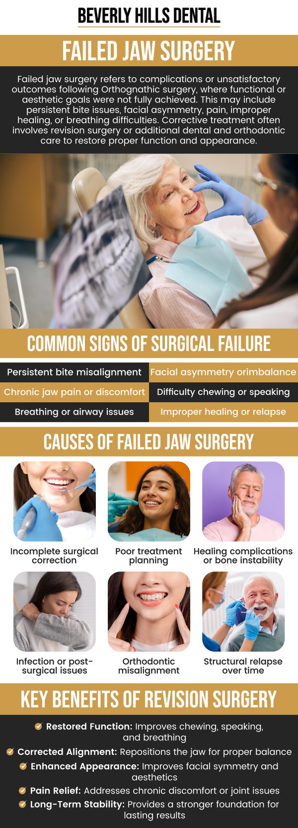 Common questions asked by patients: What causes jaw surgery to fail? How do I know if my jaw surgery has failed? Can a failed jaw surgery be fixed or redone? What are the signs of a misaligned jaw after surgery? For more information, contact us today or book an appointment. We are conveniently located at 414 North Camden Drive #925, Beverly Hills, CA 90210.
