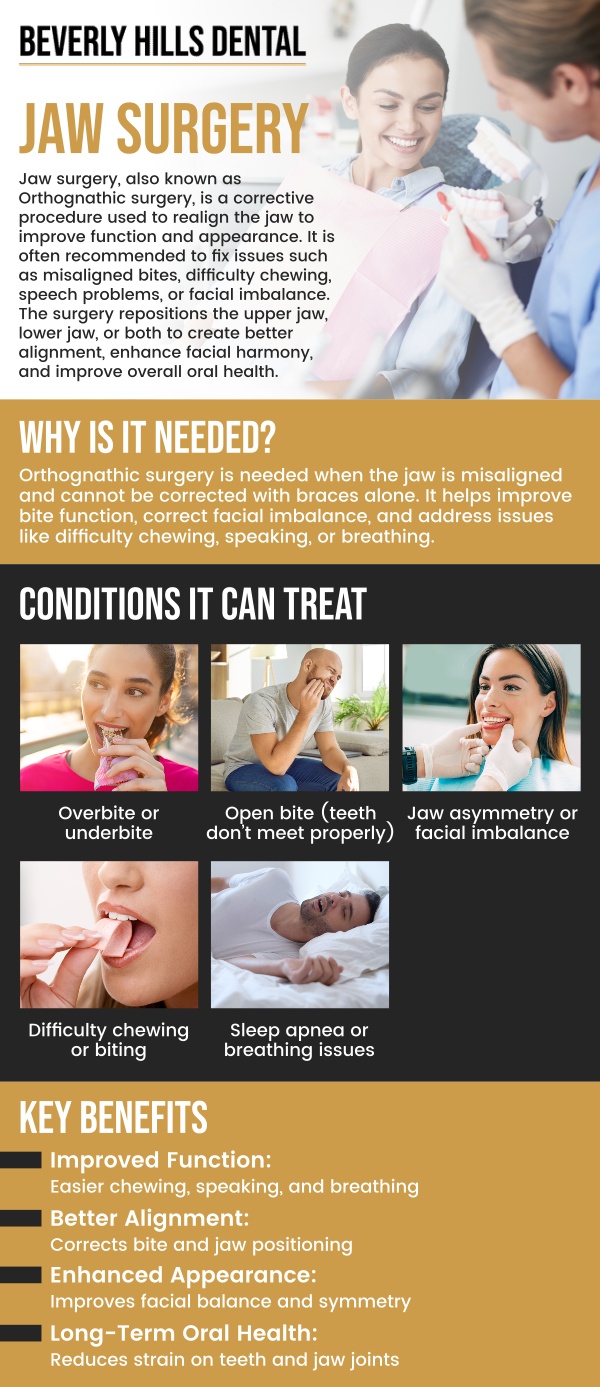 Jaw surgery can be avoided with the right treatment plan at Beverly Hills Dental. Dr. Nader Afshari DDS provides non-surgical alternatives, such as orthodontics and bite correction, to address jaw issues. We focus on restoring function and improving aesthetics without the need for invasive surgery. For more information, contact us today or book an appointment. We are conveniently located at 414 North Camden Drive #925, Beverly Hills, CA 90210.